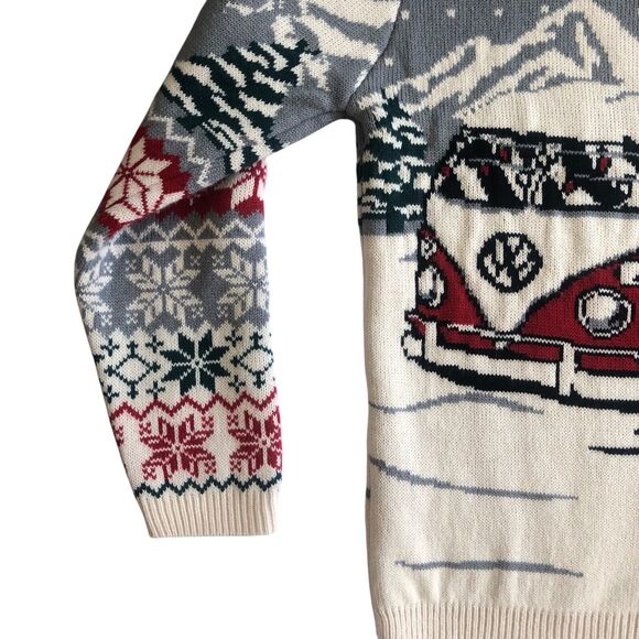 Volkswagen VW Bus Camper Van Ugly Christmas Xmas Sweater Red Grey Snowman Size S - Picture 14 of 16